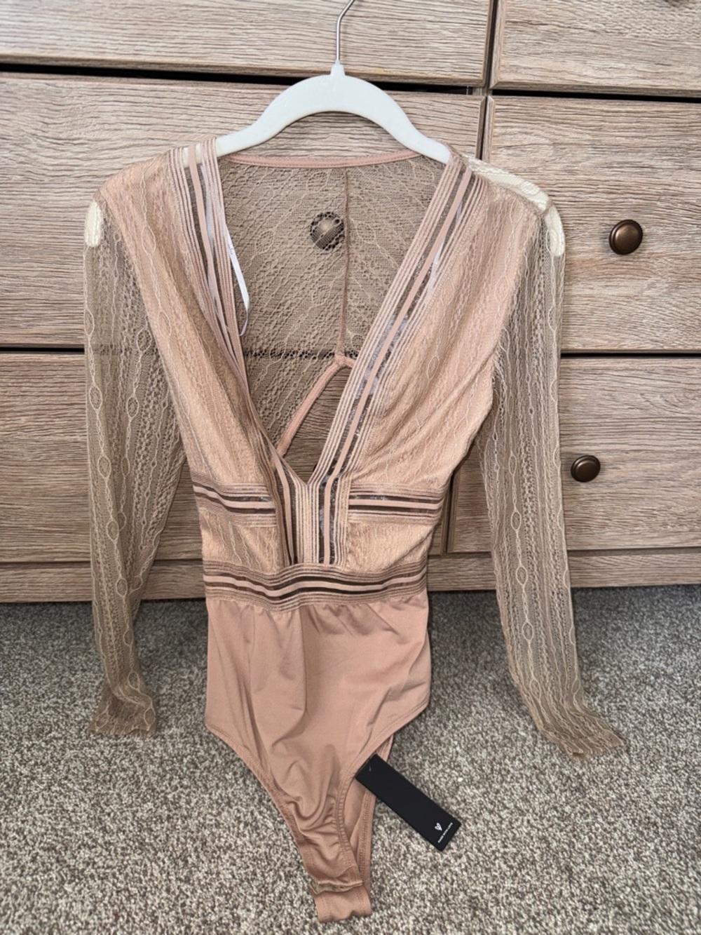 Lulu's Blush Lace Long-Sleeve V-Neck Bodysuit